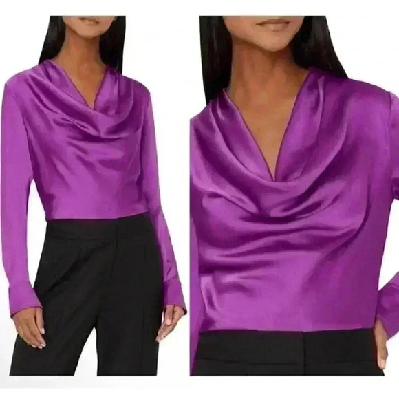 MILLY Nancy Asymmetrical Top Satin Cowl Neck Purple Blouse Top Size Small - Picture 1 of 13